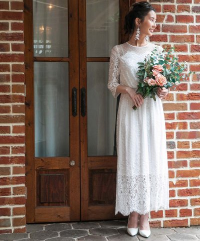 【結婚式・ウェディングドレス】troisieme chaco/レース×ドットチュール 袖付きロングウェディングドレス