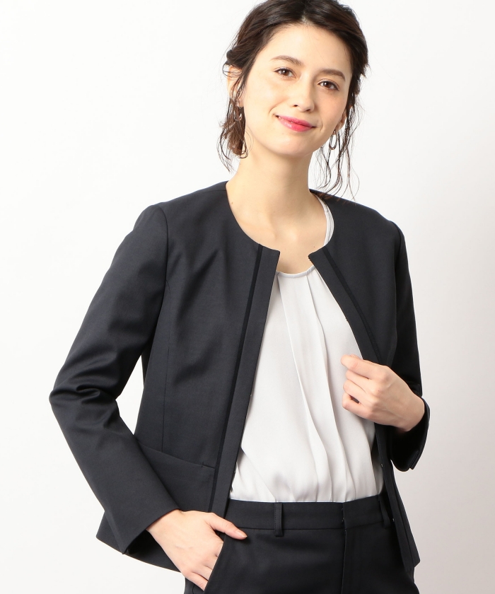 美品【グリーンレーベルリラクシング】ノーカラーグレー×ブラック　38 M 洗濯可能/Dオックス]◇D ノーカラー ジャケット(500730796