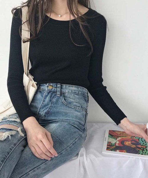 セール タイト ニット トップス レディース 春 服 無地 ニットソー リブニット クルーネック ミニミニストア Miniministore D Fashion