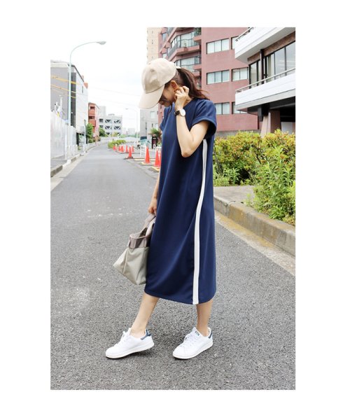 M 5 スウェット ワンピース レディース 半袖 サイドライン入り ロング丈 アンドミー And Me D Fashion