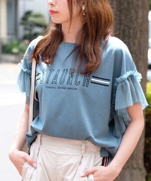 袖フリルチュール切り替えラインロゴtシャツ ａｎｄｊ アンドジェイ Andj D Fashion