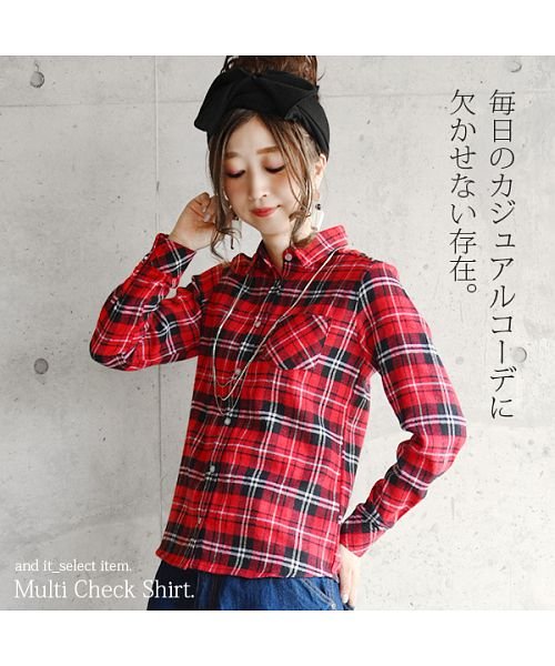 トップス レディース マルチチェックシャツ M L チェックブラウス チェックシャツ 秋冬 長袖 シャツ チェック柄 フランネルシャツ ネルシャツ 赤 グリー アンドイット And It D Fashion