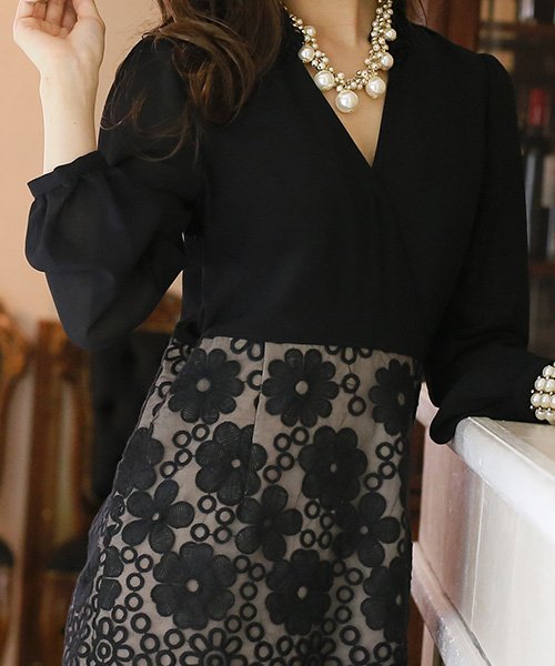 結婚式 パーティー 花柄バイカラー ドッキングワンピース プールヴー Pourvous D Fashion 結婚式 パーティー 花柄バイカラー ドッキングワンピース プールヴー Pourvous D Fashion