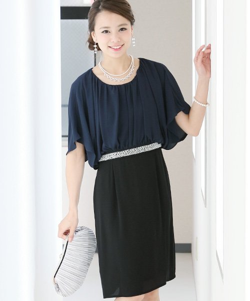 結婚式 パーティーパーティードレス パールネックレス付き ドルマン バイカラーパーティードレス ワンピース プールヴー Pourvous D Fashion