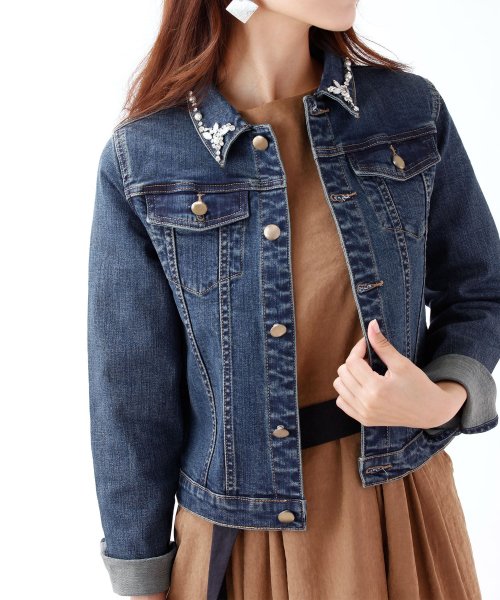 Blueeastオリジナル 襟付き ノーカラービジューデニムジャケット ブルーイースト Blueeast D Fashion