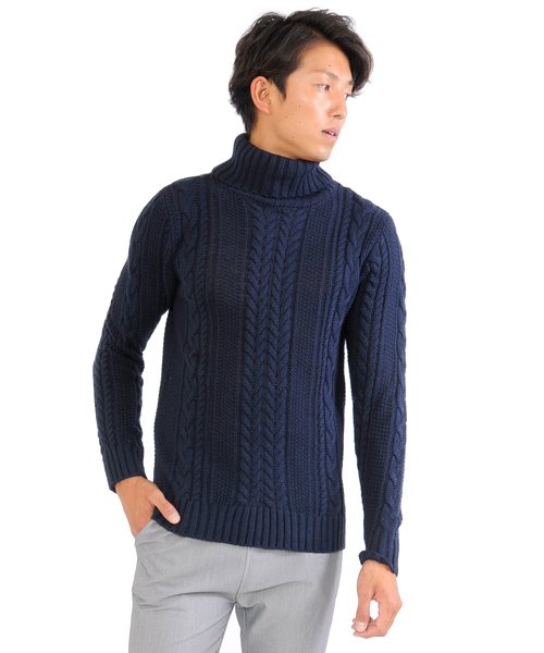 セーター ニットフィッシャーマンメンズ タートルネック ハイネック ニットソー セーター Sweater きれいめ ブラック グレー 白 ホワイト 紺 ネイビー スペイド Spade D Fashion