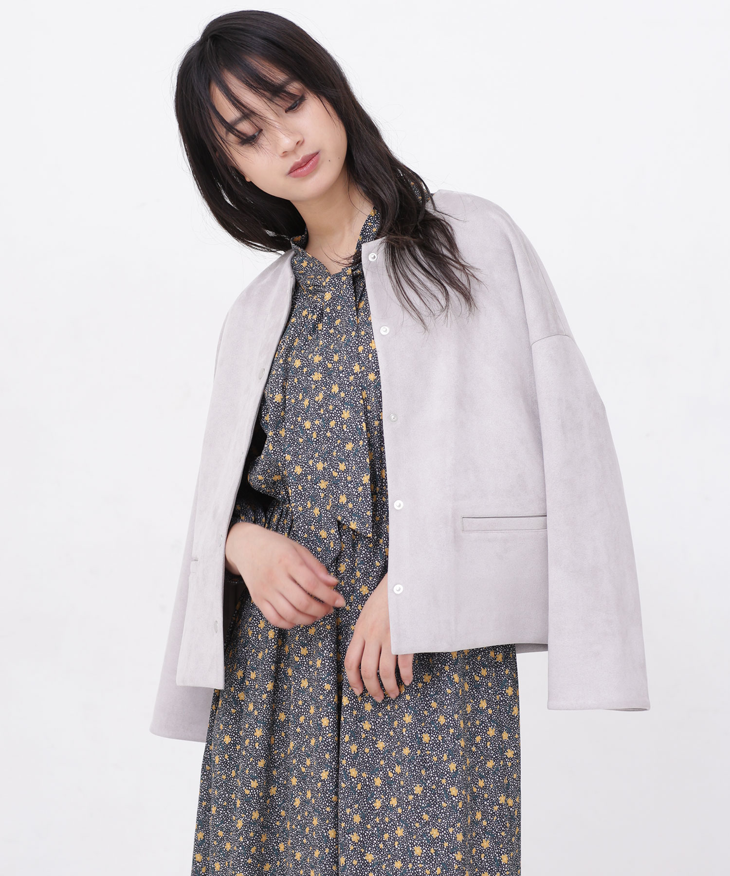 セール】【WEB限定】Fスエードスナップボタンノーカラージャケット