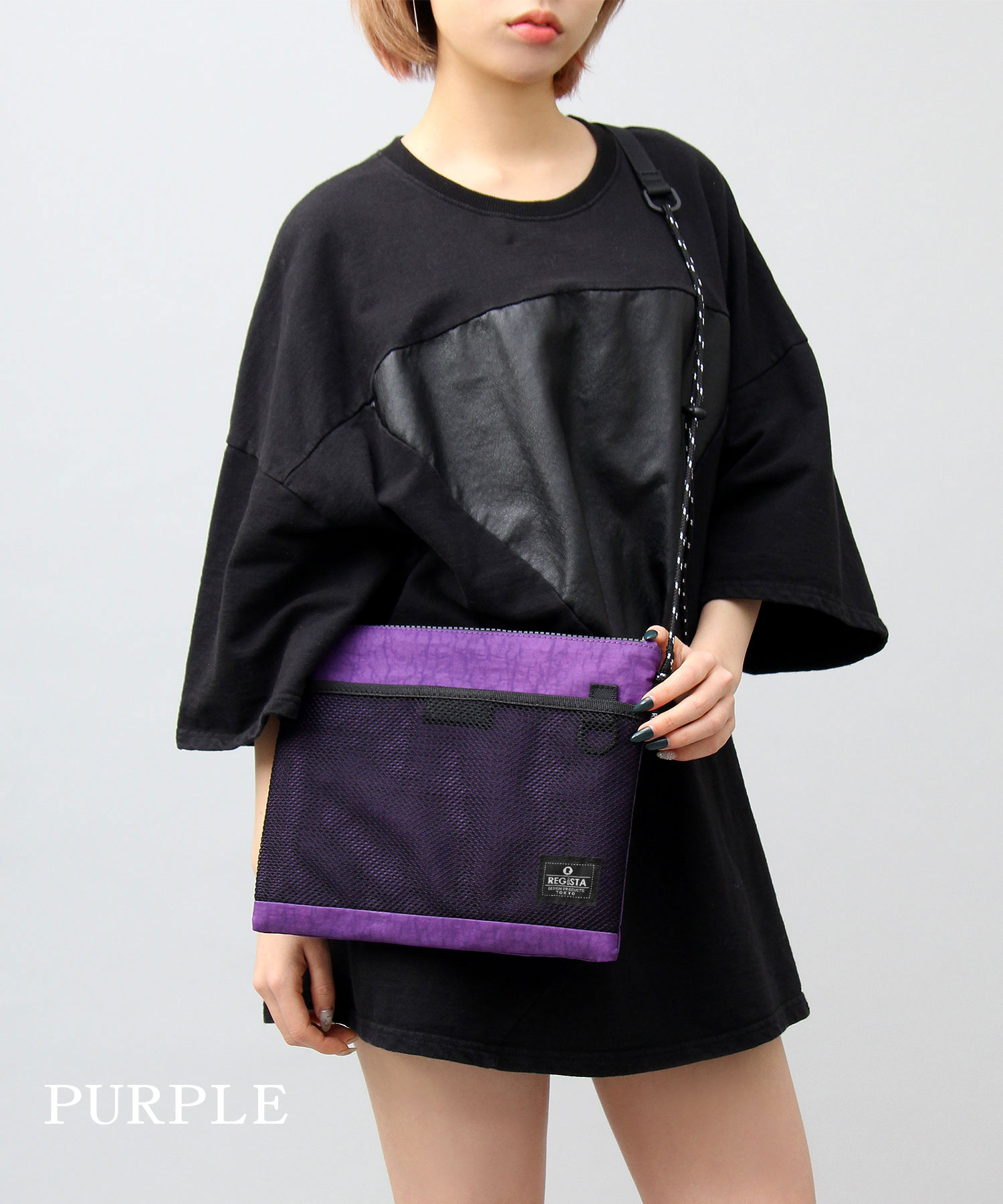メッシュポケットサコッシュ/ウォッシュナイロンミニショルダー