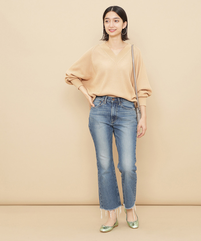 美品 アダムエロペ コットンＶネックコクーンプルオーバー ベージュ 春 ニット セール 70%OFF】コットンVネックコクーンプルオーバー