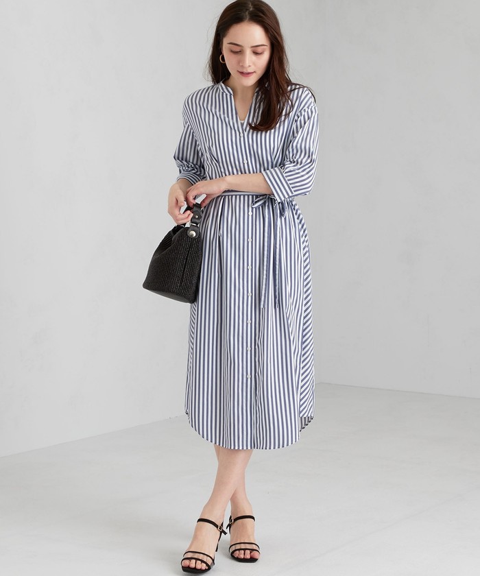 APC新品ゴルフウェア ニットトップ、ストライプ、ラペルデザイン、グリーン セール 50%OFF】CS POLKA ストライプ シャツ ワンピース