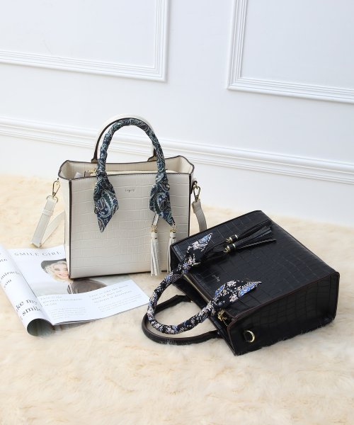 スカーフ付クロコ風型押しアオリスクエアバッグ アングリッド バッグ Ungrid Bag D Fashion