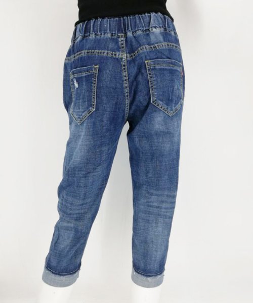 セール デニムパンツ 7分 ズボン ゴムウエスト ダメージデニム レディース ゆるいジーンズ 即納 ミニミニストア Miniministore D Fashion