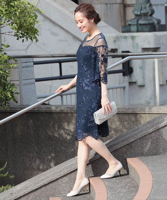 パーティードレス 花柄 シースルー 結婚式 展開 レティカ Retica シースルー 七分袖 花柄刺繍 ロング パーティー