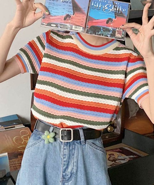 トップス 春夏 サマーニット ボーダー カットソー 半袖 レディース カラフル プルオーバー 即納 ミニミニストア Miniministore D Fashion
