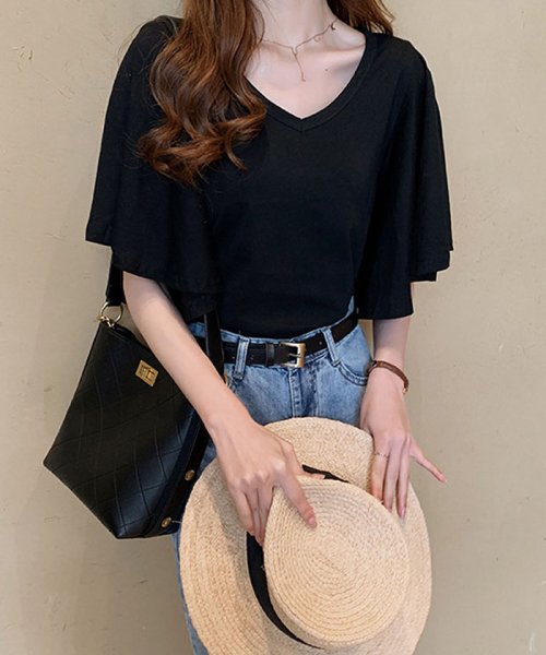 Tシャツ 半袖 レディース トップス Vネック フレアスリーブ カットソー ドロップショルダー ミニミニストア Miniministore D Fashion