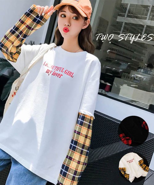 セール カットソー レディース 長袖 ネルシャツ 重ね着tシャツ レイヤード トップス 切り替え ミニミニストア Miniministore D Fashion