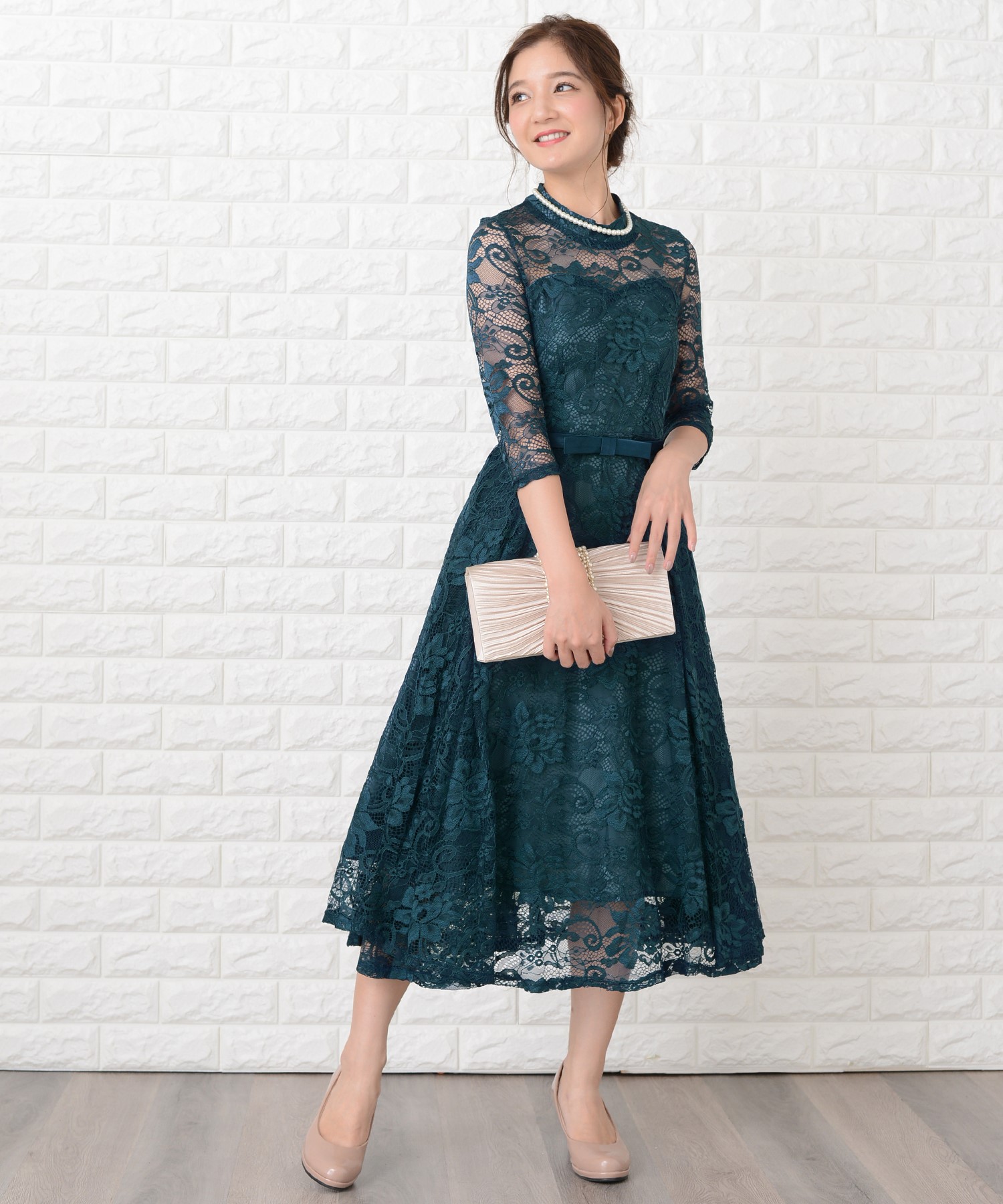 nodress リボン レース 袖 クーポン】レースレディース Lace Ladies ウエストリボン付き