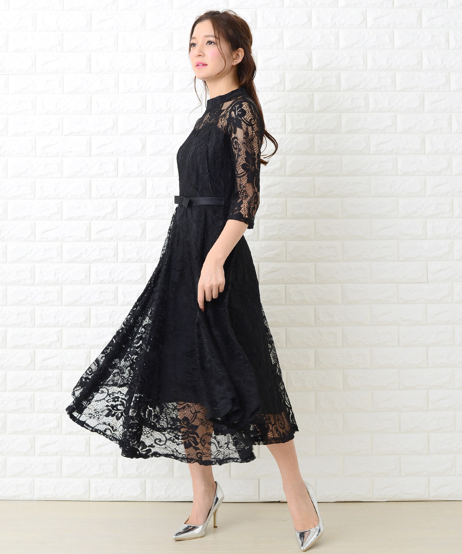 nodress リボン レース 袖 クーポン】レースレディース Lace Ladies ウエストリボン付き