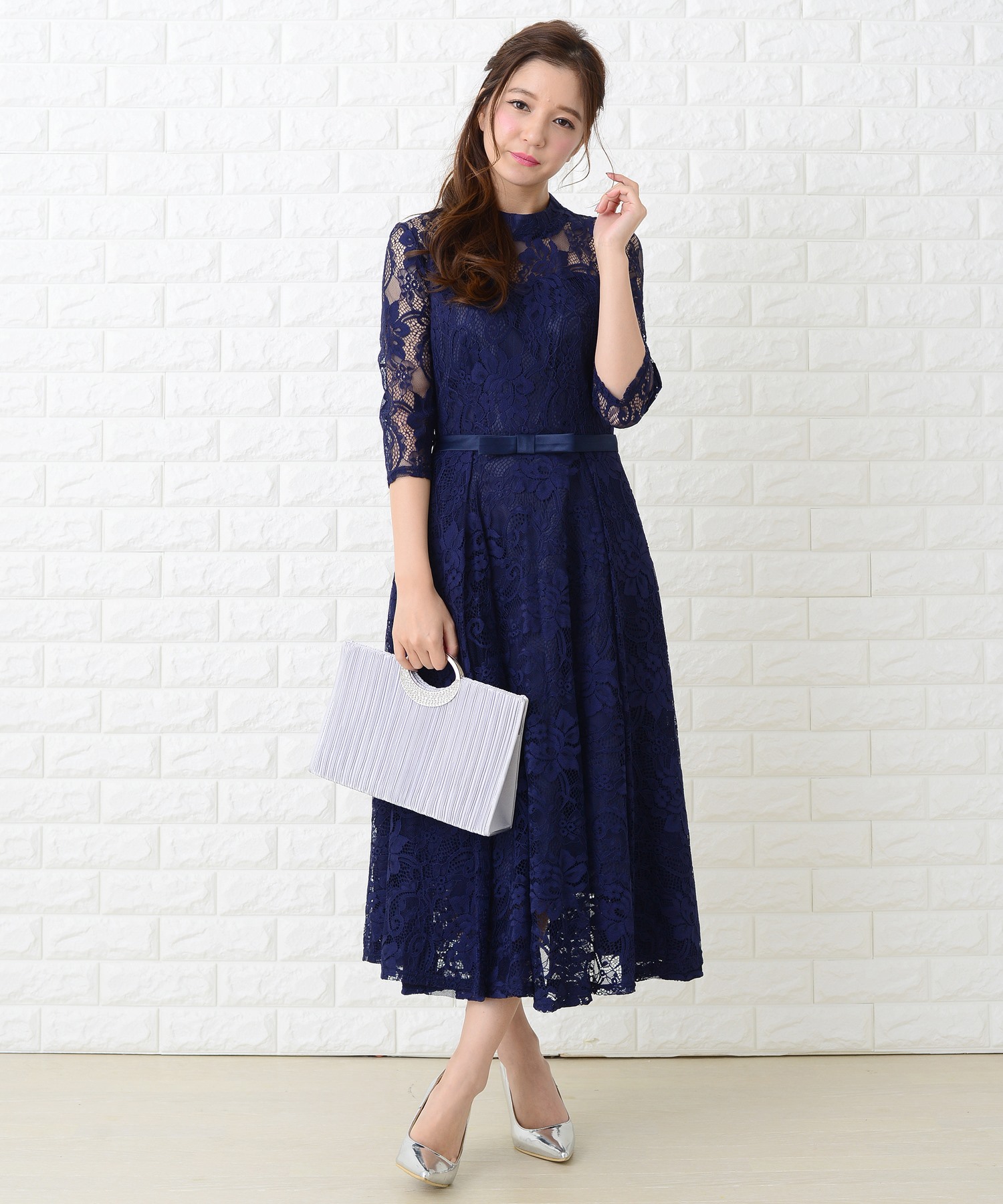 nodress リボン レース 袖 2color ／ 2WAY 】クロスネックレースリボンスクエア