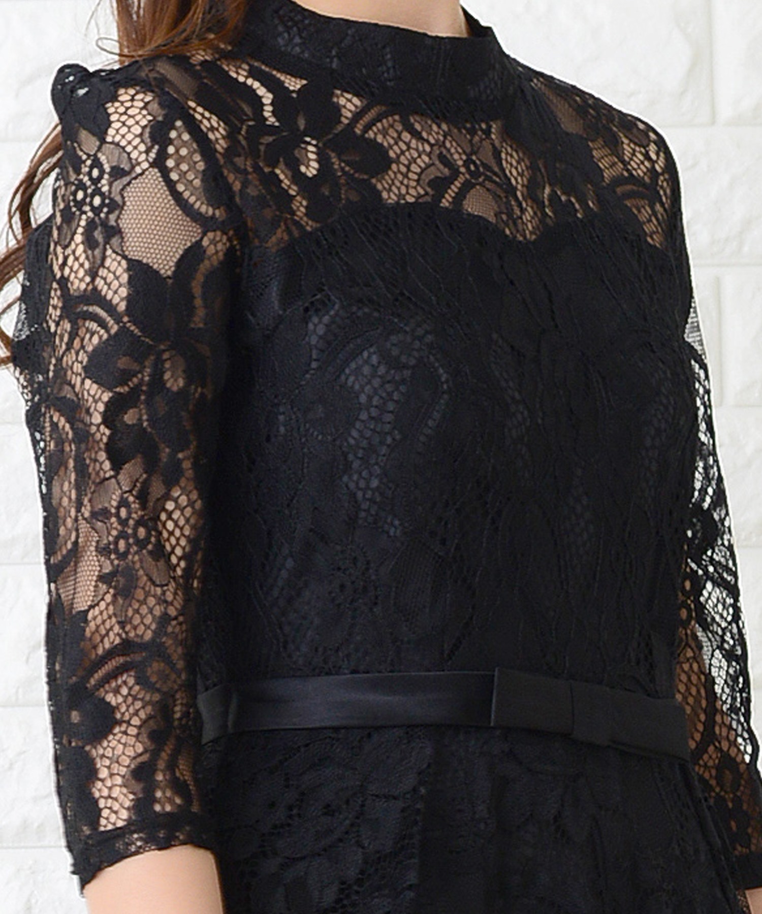 ブラックレースワンピース リボン付き Lace Ladies ドレス ウエストリボン付きレース切り替え