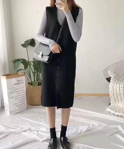 セール ベストワンピース レディース 重ね着 ニットワンピース ノースリーブワンピース 前ボタン付き ゆったり ミニミニストア Miniministore D Fashion