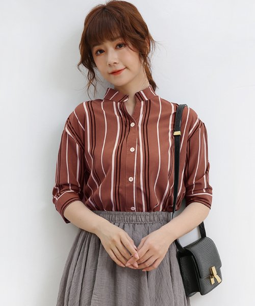 ストライプシャツ レディース 春 夏 ボタン ライン バイカラーｖネック ブラウス トップス 五分袖 七分袖 ゆったり シフォン サックス グレー グリーン ホワ ドゥーベル Doux Belle D Fashion