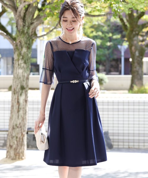 セール 52 Off 結婚式 パーティー 二次会 リボンベルト付きドットチュール切替ビスチェドレス ブルーイースト Blueeast D Fashion