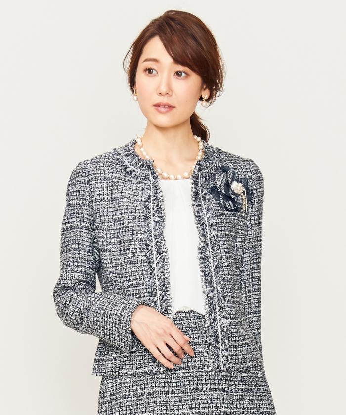 美品 KUMIKYOKU ラメ ツイード ノーカラージャケット 2way セール】【セットアップ対応】ラメループモールツイード ノー