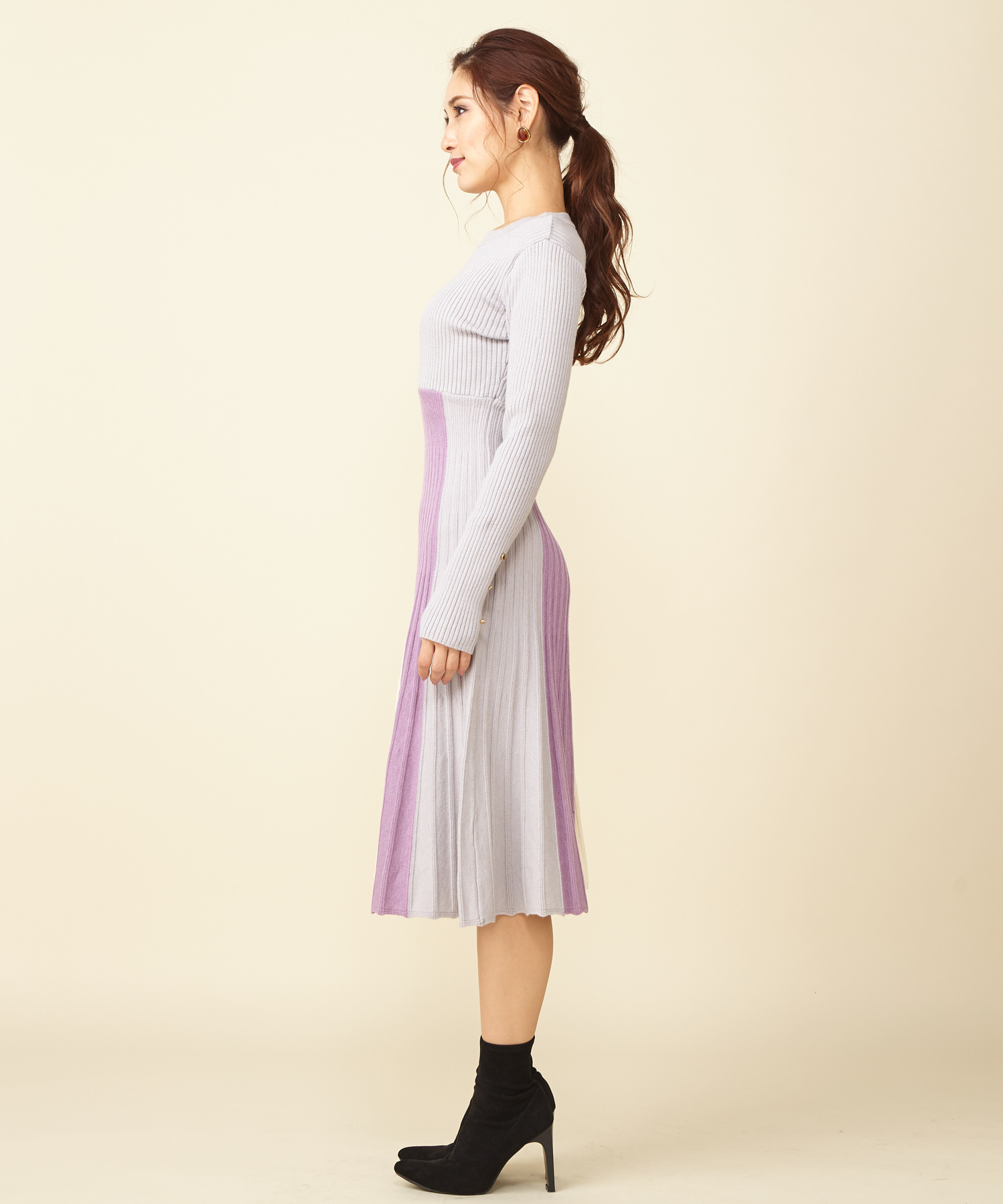 ネイビーシー ROYAL PARTY 配色ニットフレアノースリーブワンピース