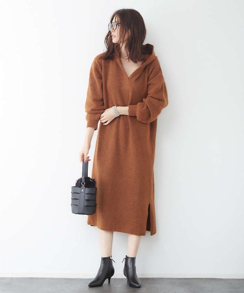セール キャメル混フードニットワンピース ルージュヴィフラクレ Rouge Vif La Cle D Fashion