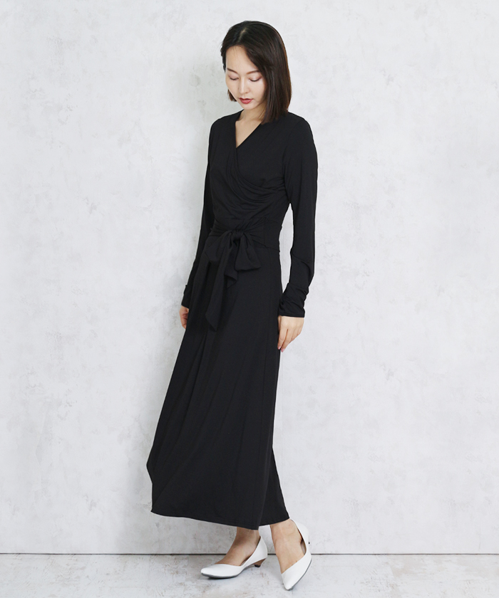 ディウカ　美品カシュクールジャージワンピース　ドレス　ロング　マキシ丈　2 黒 クーポン】【セール 65%OFF】マーサ MARTHA ロングカシュクール