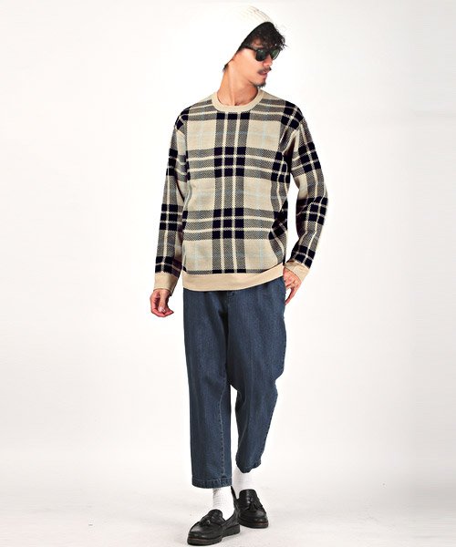 チェック柄クルーネックニット ニット メンズ セーター チェック柄 クルーネック Bitter ビター系 秋 冬 ラグスタイル Luxstyle D Fashion