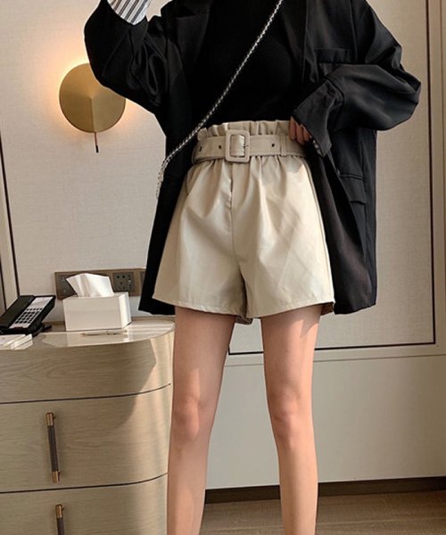 セール レザー ショートパンツ レディース 秋冬 ワイドパンツ ハイウエスト ベルト付き 美脚パンツ 即納 ミニミニストア Miniministore D Fashion