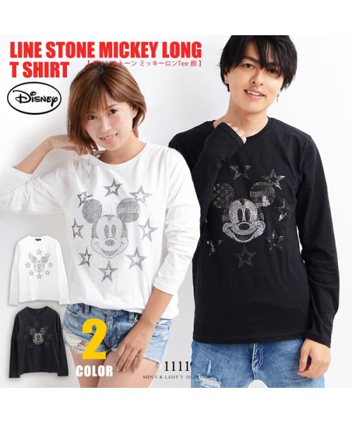 ラインストーンミッキーロンtee 顔 韓国 Tシャツ ペアルック カップル お揃い 長袖 デート ミッキー Mickey ロンtee カップル ディズニー ワンフォークロージング 1111clothing D Fashion