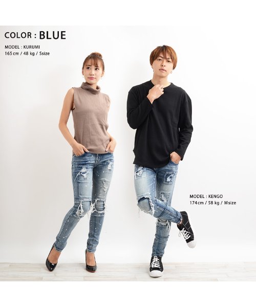 パンツ ボトムス スキニー デニム デニムパンツ ダメージ ダメージジーンズ リペア ジーンズ 男女兼用 メンズ レディース 韓国 ファッション お揃い コーデ ワンフォークロージング 1111clothing D Fashion
