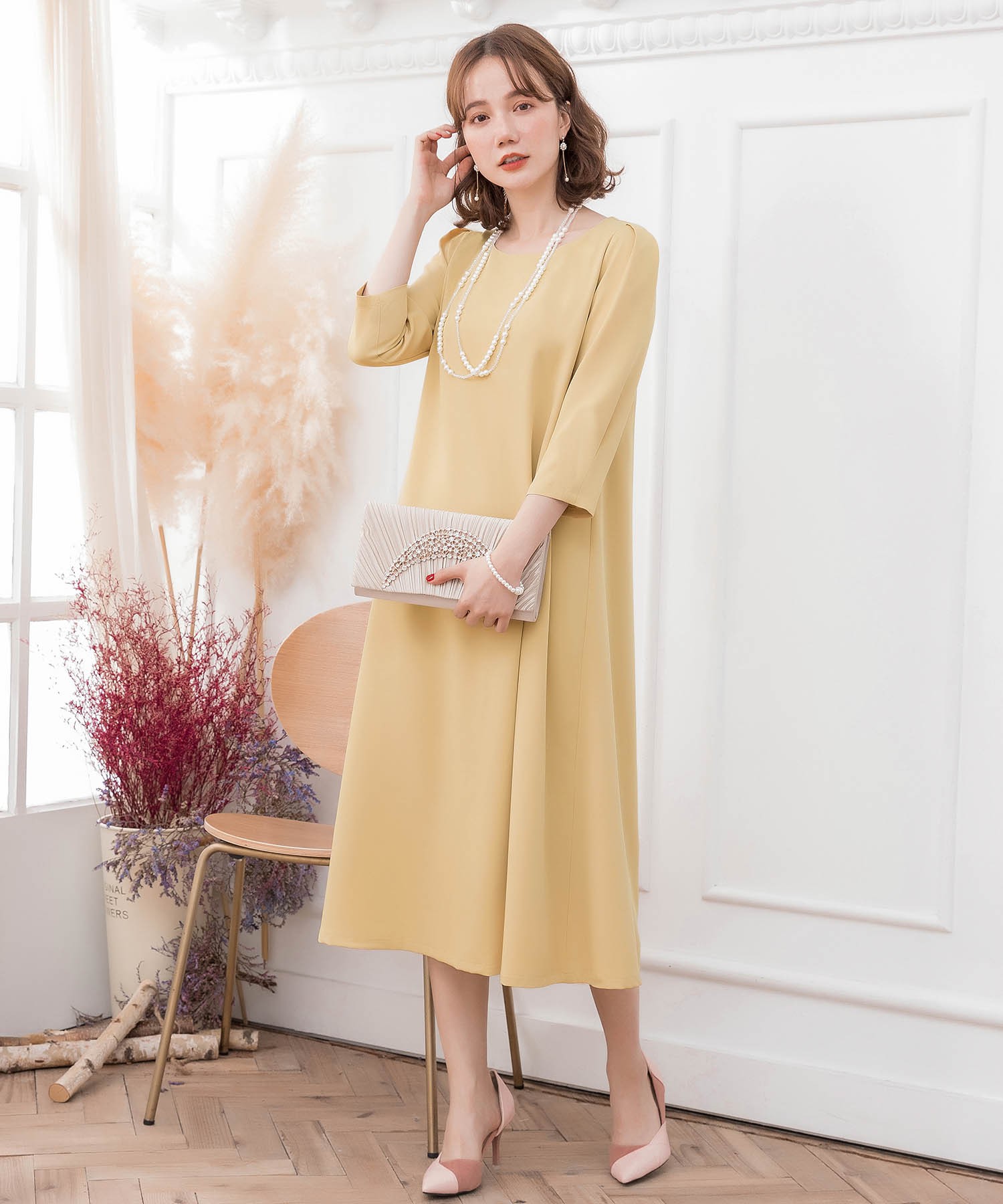 ☆長袖☆ペプラム フレア ロング丈 ワンピース パーティ ドレス セール】ドレスプラス DRESS+ フレアロング丈結婚式ワンピース