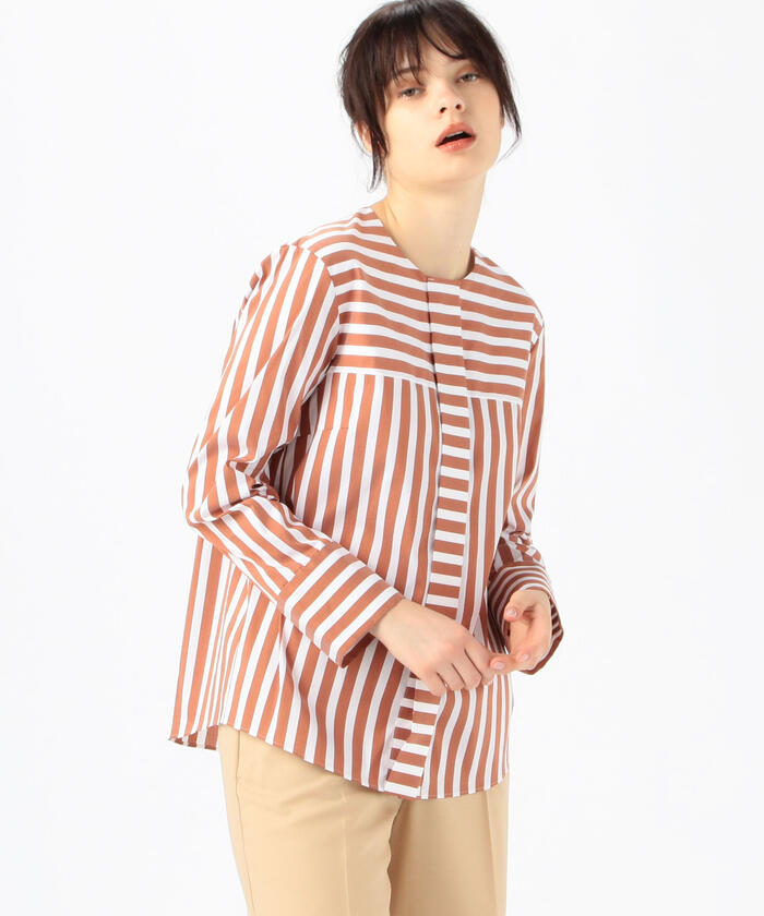 ★大人気商品★ セール 40%OFF】ストレッチブロードストライプ ノーカラーシャツ トップス