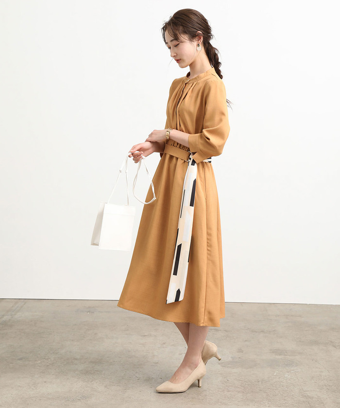 セール 50%OFF】スカーフベルト付き麻調タックワンピース