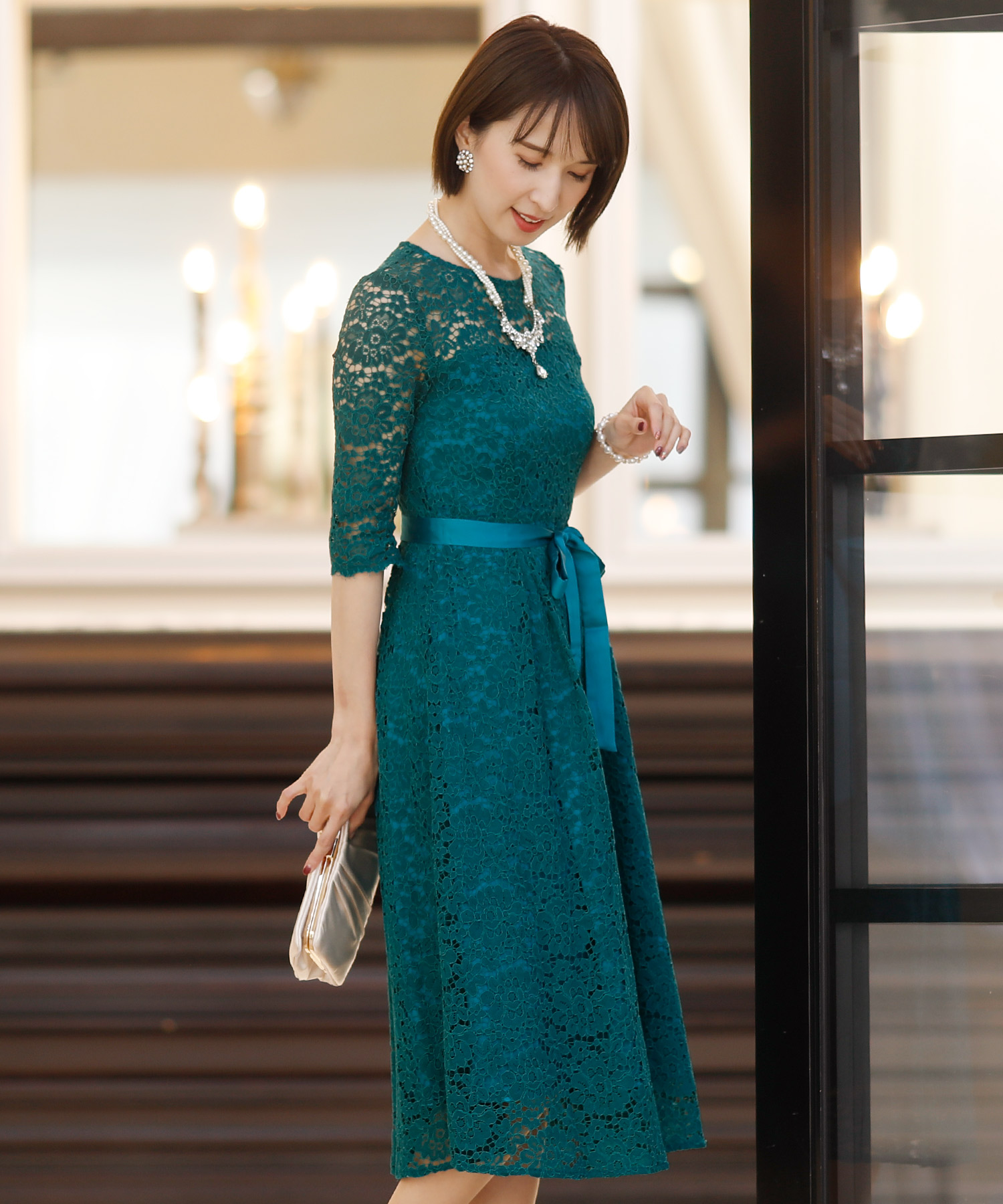 2色 プリント ティアード ワンピース ドレス パール付き 7分袖 セール57%OFF】プールヴー PourVous 結婚式ワンピースドレス