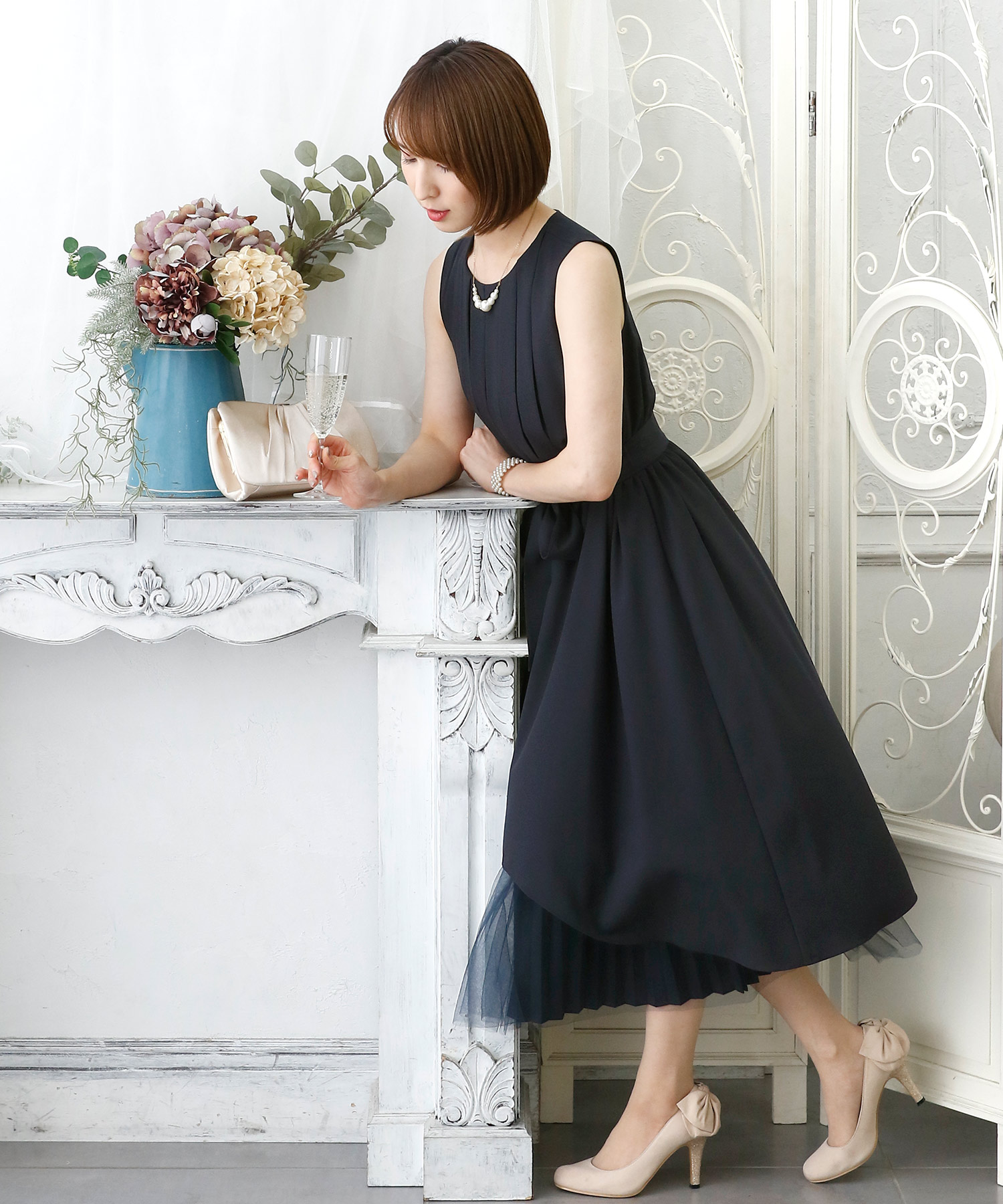 pourvous ウエストリボンフィッシュテールドレス　プールヴー プールヴー PourVous ミモレ丈&七分袖フォーマルフィッシュ