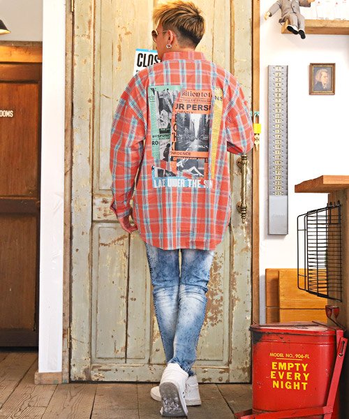 セール バックプリントチェック柄シャツ チェックシャツ メンズ 韓国系 ビッグシルエット 長袖 ラグスタイル Luxstyle D Fashion