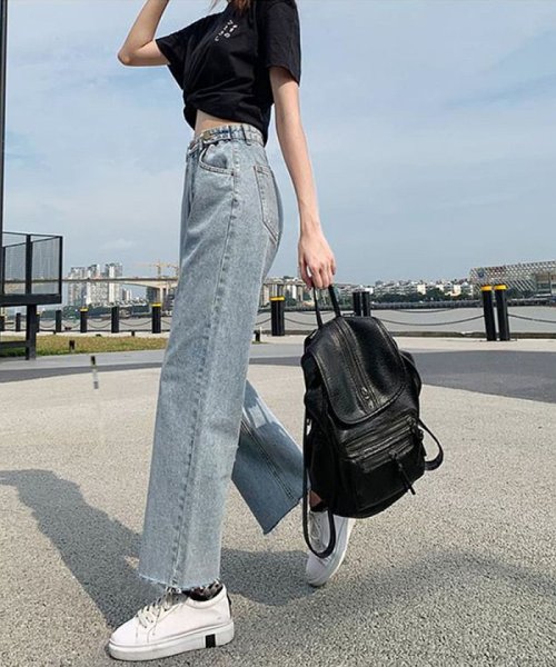 セール レディースパンツデニム ワイドパンツ ロング ライトブルー 大人 脚長 通学人気 セイヘイショップ Seiheishop D Fashion