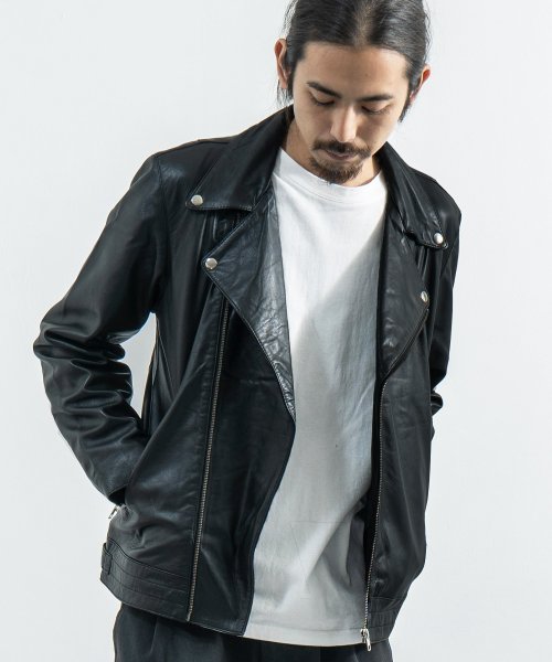 レザージャケット メンズ アウター ラムレザー 本革 羊革 ライダース ダブル 革ジャン レザー シンプル おしゃれ 無地 Modem Design モデムデザ ロッキーモンロー Rocky Monroe D Fashion