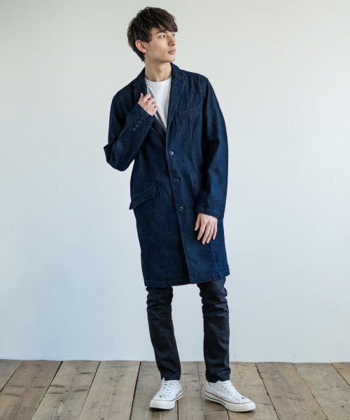 チェスターコート メンズ アウター ネイビー ビジネス カジュアル デニム シンプル 無地 ロング 綿 コットン ロッキーモンロー Rocky Monroe D Fashion