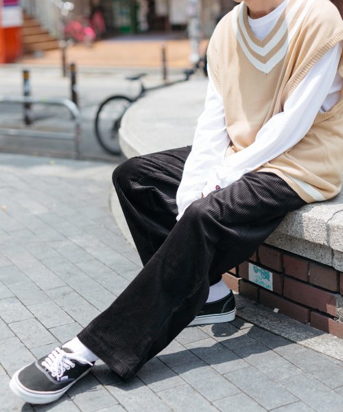 セール ワイドパンツ メンズ 黒 バギーパンツ コーデュロイ 暖かい