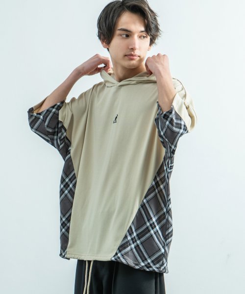 Kangol カンゴール Tシャツ パーカー メンズ レディース 半袖 ビッグシルエット 綿 コットン オーバーサイズ ルーズ チェック 切替 刺繍 カジュアル ロッキーモンロー Rocky Monroe D Fashion