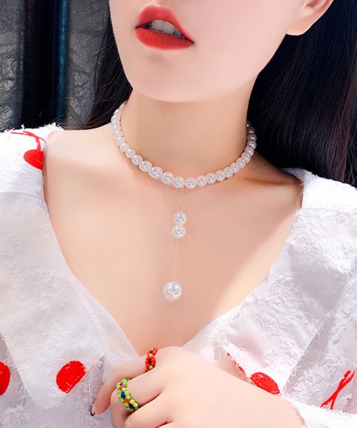 ロングネックレス レディース フェイクパール チョーカー かわいい アクセサリー パーティー ペンダント トップ プチプラ ミニミニストア Miniministore D Fashion