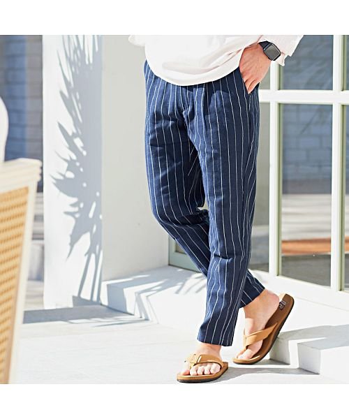 セール9 Off Cavaria 綿麻ストライプ柄アンクルパンツ メンズ ボトムス ブランド ストライプ 綿麻 麻パンツ リネンパンツ ゆったり 涼しい アンクルパンツ コットン キャバリア Cavaria D Fashion