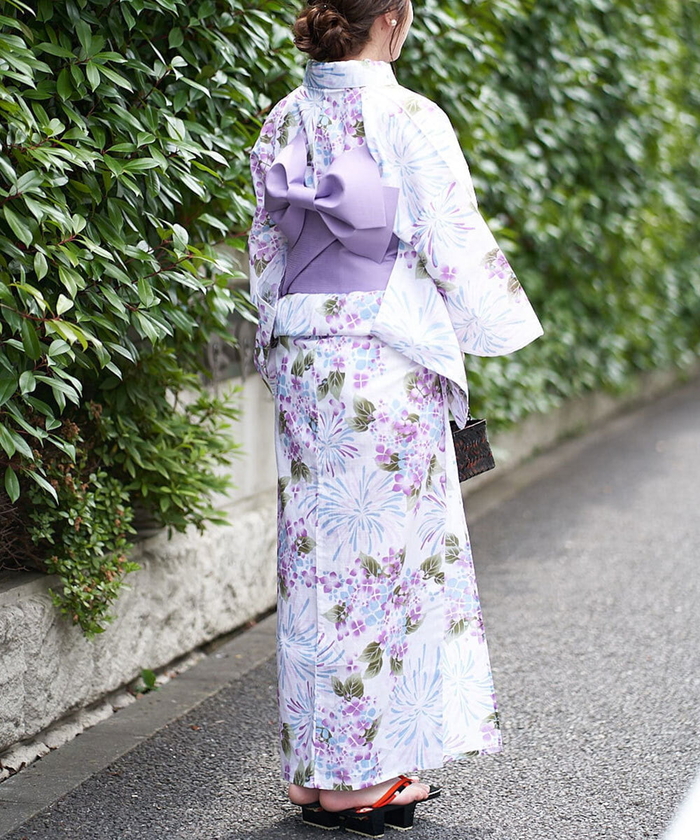 セール】【簡単】ゆかた・帯2点セット 紫陽花と花火柄浴衣(503013134