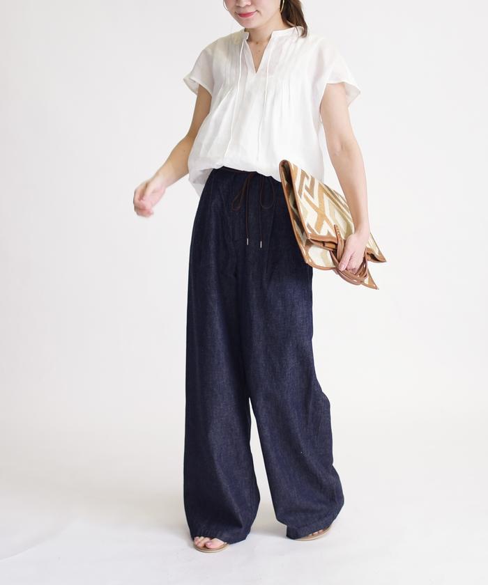 クーポン】【セール 60%OFF】コットンリネンワイドデニムパンツ